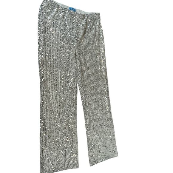 The CeCe Silver Sequin Pants Straight Leg Elastic Waist Band Stretchy Medium - Picture 6 of 15